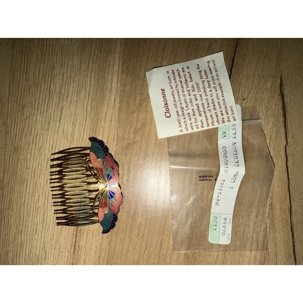 Vintage Cloisonné Hair Comb Gold Tone Blue Pink Enamel Butterfly